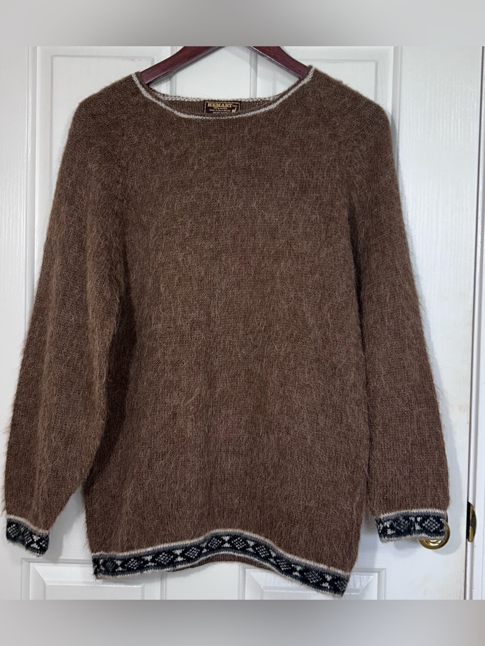 Hemart Vintage Andean Lodge 100% Alpaca Fuzzy Knit Sweater Pullover Brown M/L